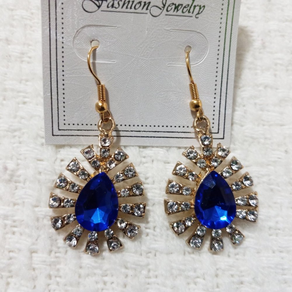 3/$18 - Gold Tone Blue Crystal Stone Oval Earring w/ Gemstone - Mix & Match